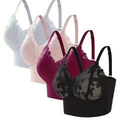 Lace Flower Decor Push Up Sports Bra Full Coverage V Neck Workout Running Bra