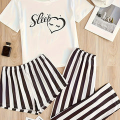  Casual Loungewear Set Women's Plus Graphic Tee & Stripe