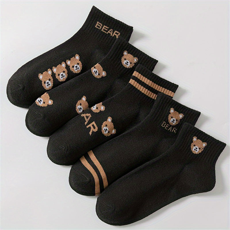 5 Pairs Cartoon Bear Print Socks & Crew Short Socks Women's Stockings