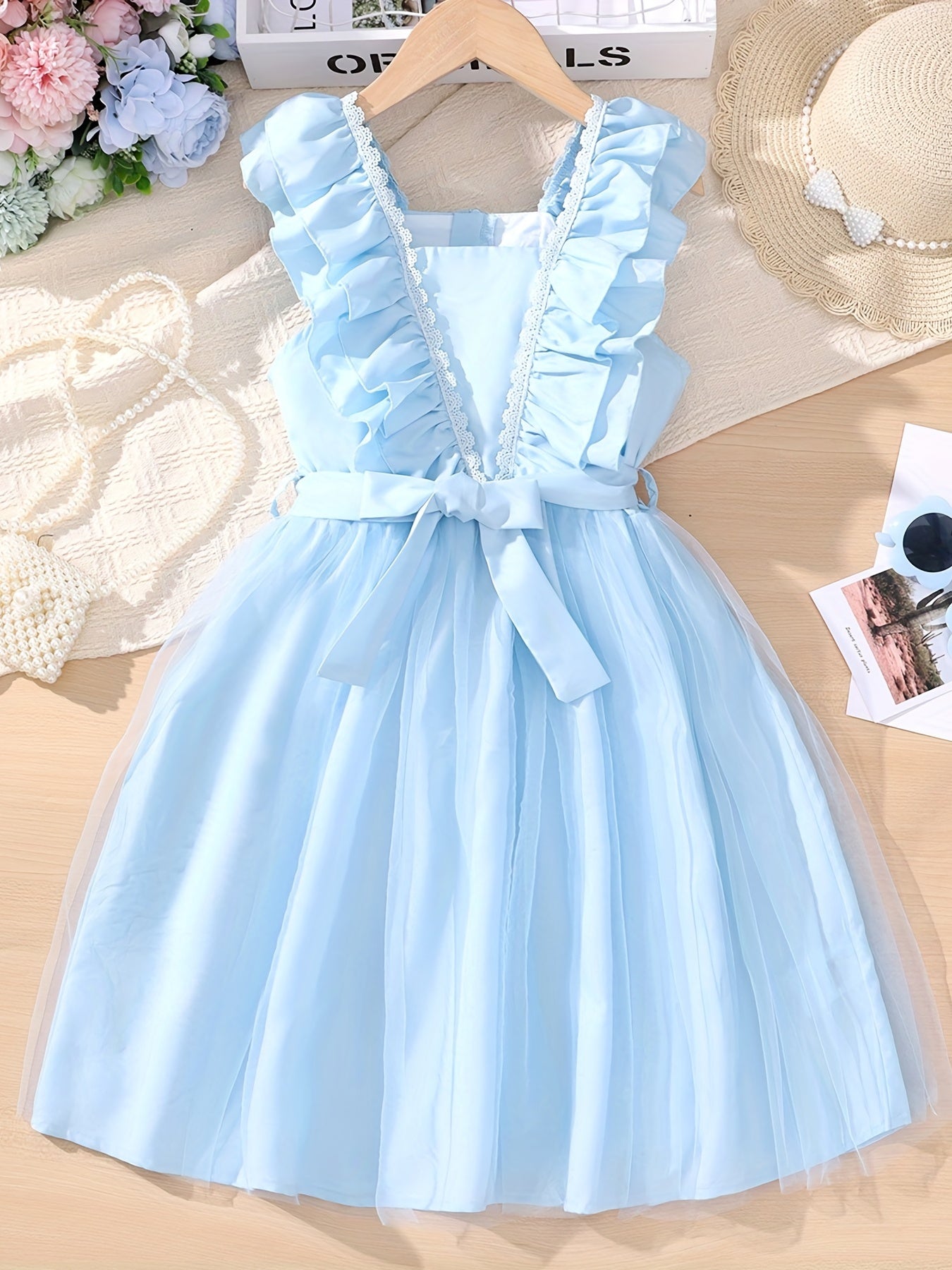 Girls' Square Neck Ruffle Sleeveless Tunic Dress For Casual Daily
