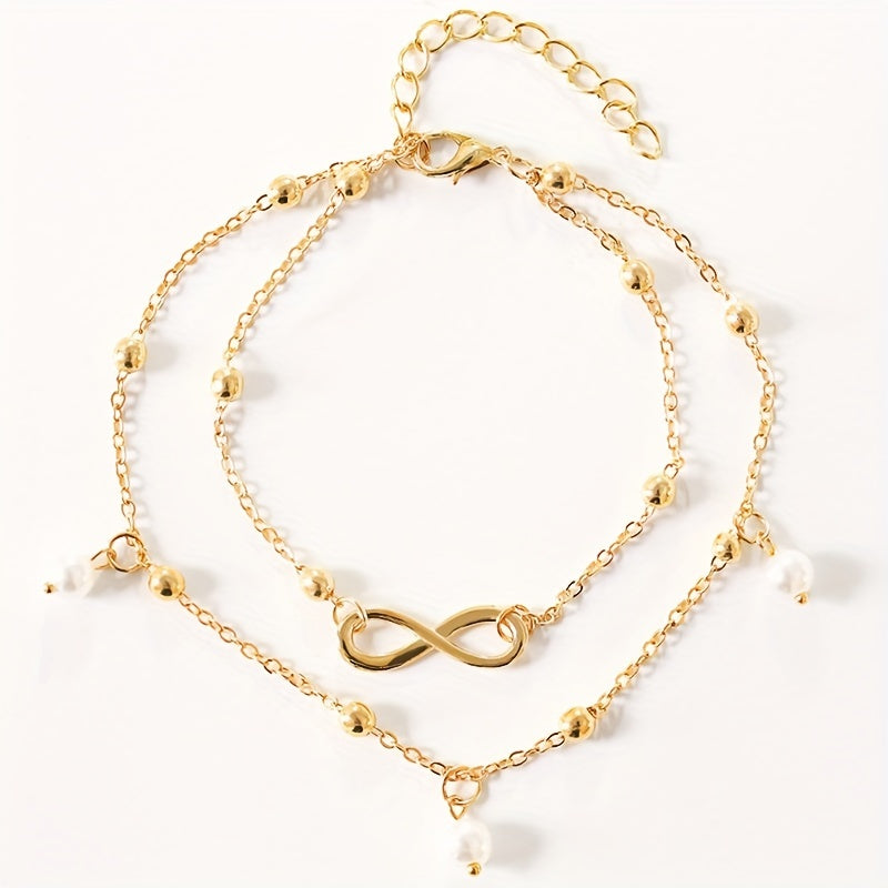 Double Layer Chain Anklet with Pearls Pendant & Infinity Symbol Beads
