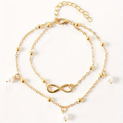 Double Layer Chain Anklet with Pearls Pendant & Infinity Symbol Beads