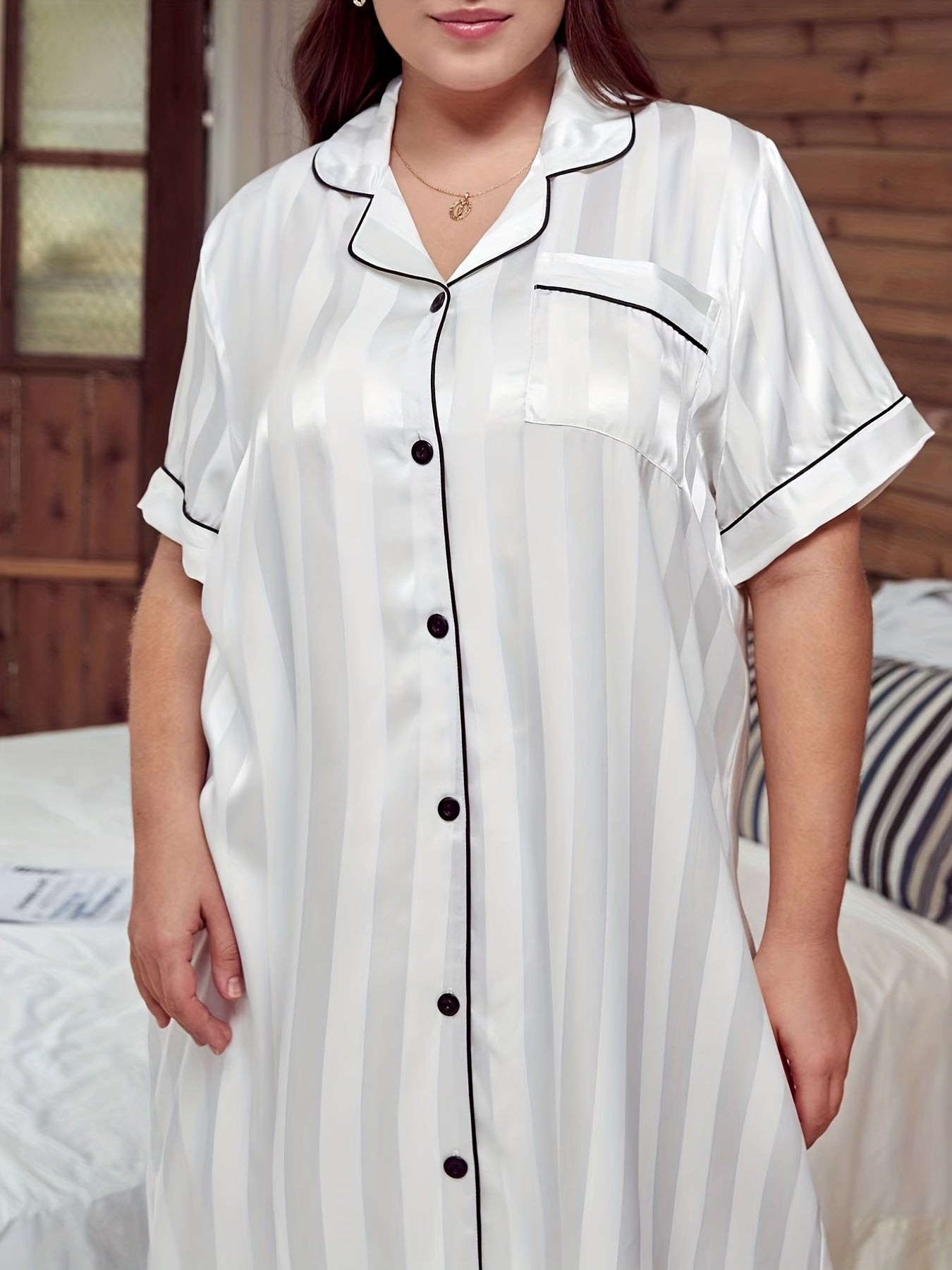  Nightdress Stripe Jacquard Piping Satin Short Sleeve Sleep Dress