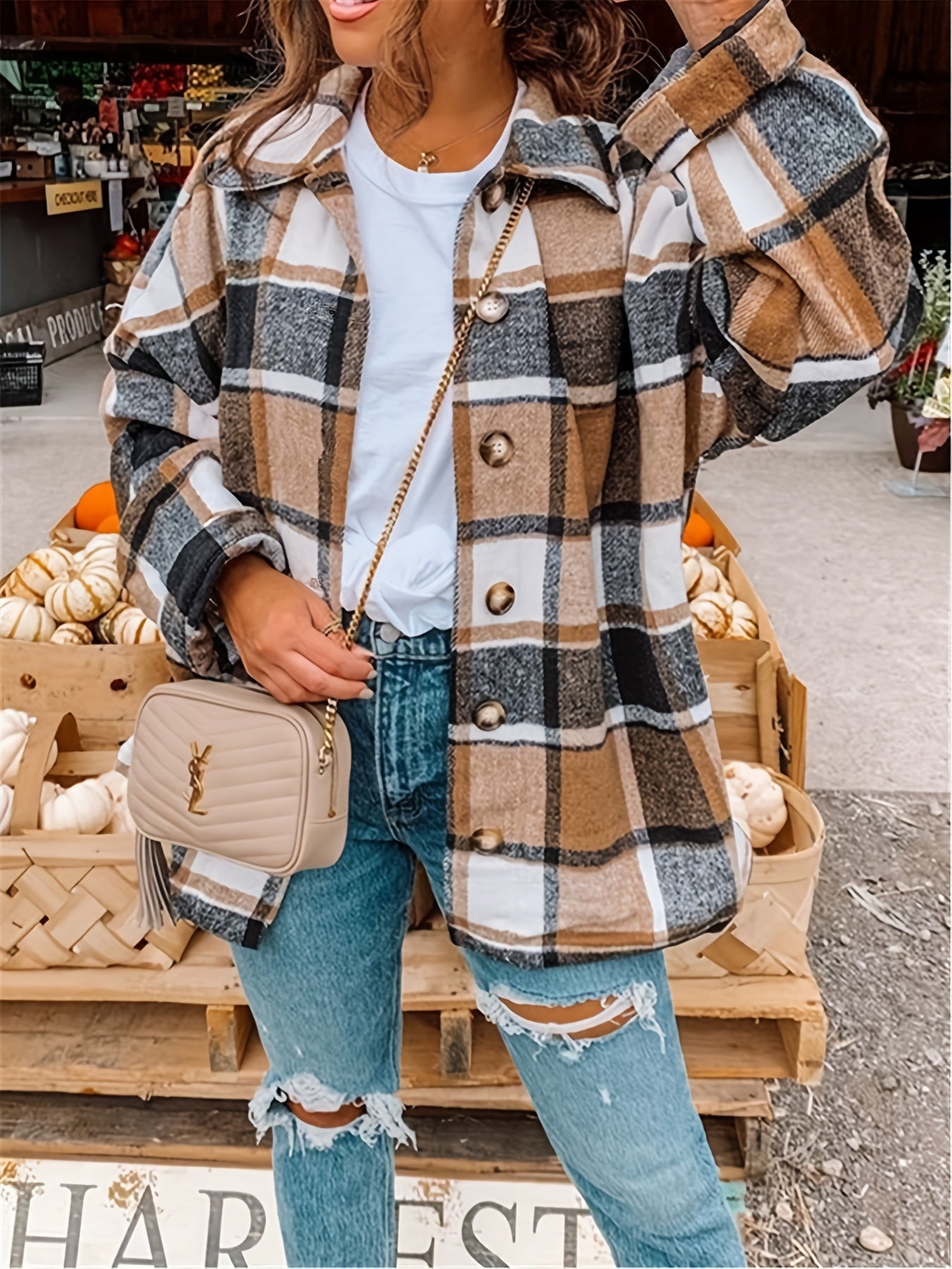  Plaid Print Long Sleeve Button Up Blouse