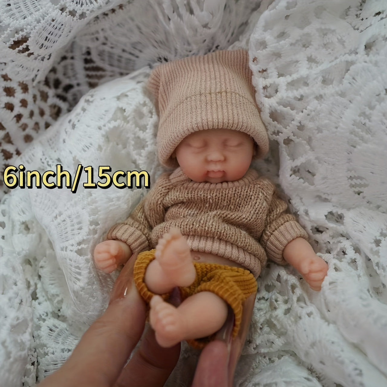 6 Inch Mini Reborn Doll with Hand Painted Light Beige Washable Silicone Body