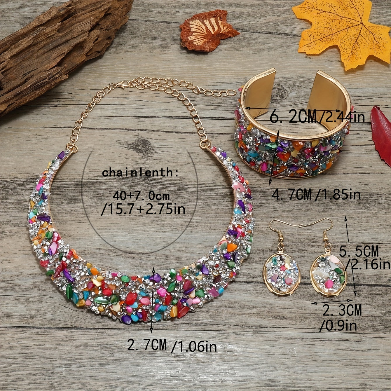 22K Plated Jewelry Set: Choker Necklace, Earrings, Bangle with Rhinestone