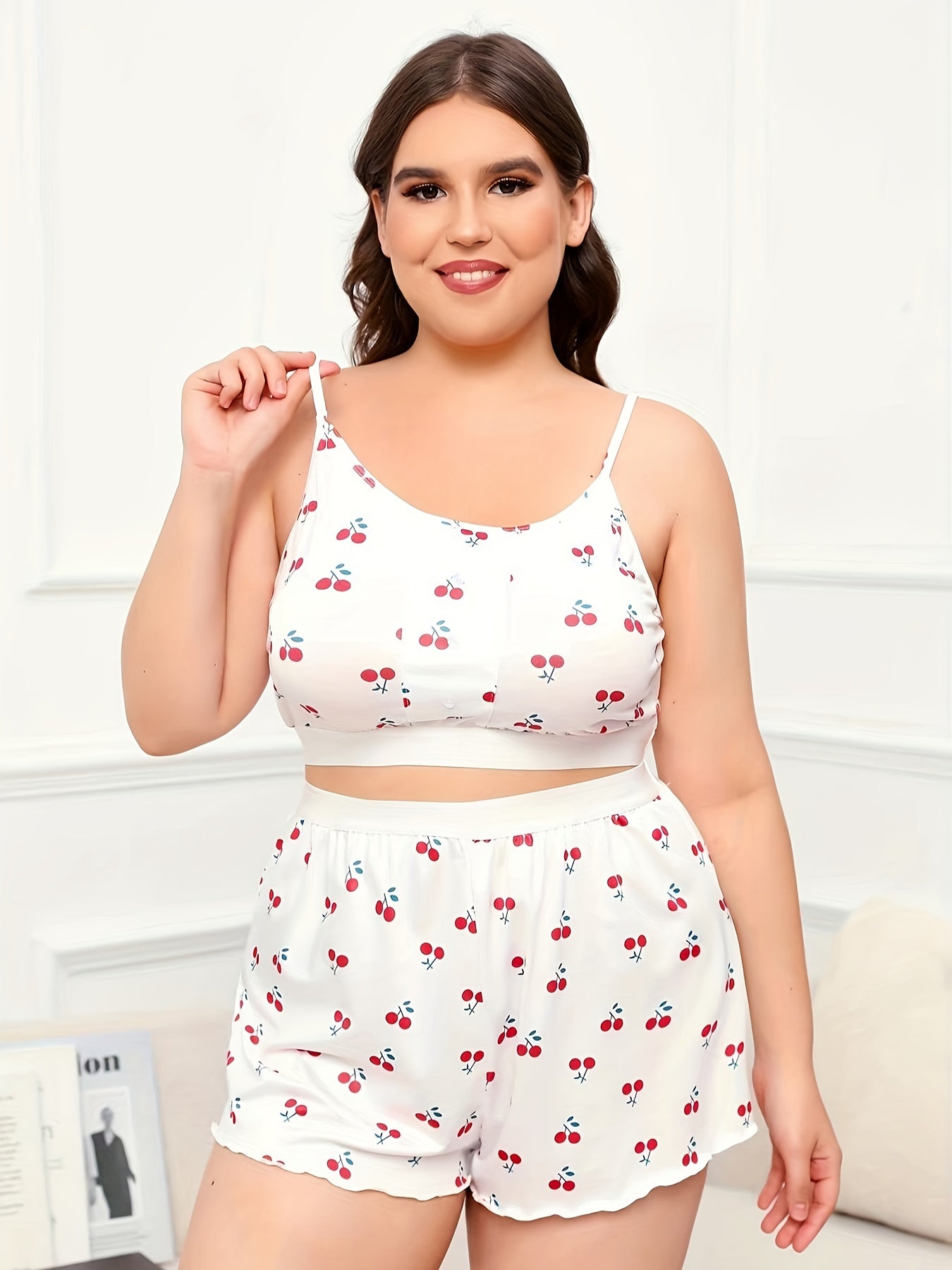  Cherry Print Crop Cami Top & Shorts Loungewear Set