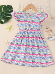 Girl's Plaid Sunflower Graphic Flying Sleeve Dress