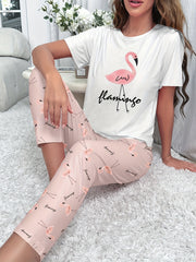 Flamingo Print Pajama Set Short Sleeve Top & Lounge Pants