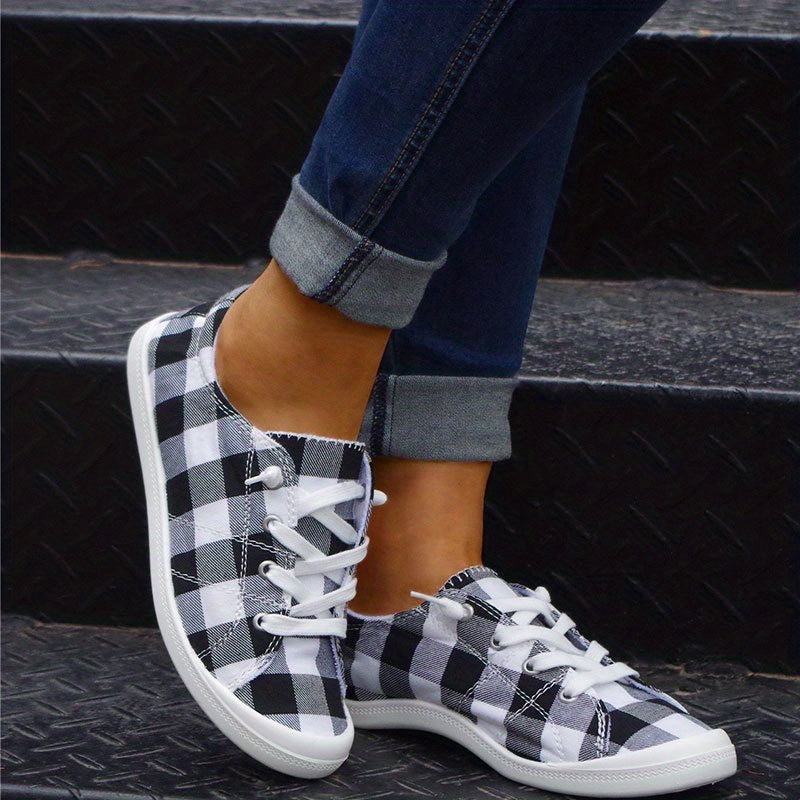 Women's Plaid Canvas Shoes Lace Up Flat Sneakers Lightweight Low Top