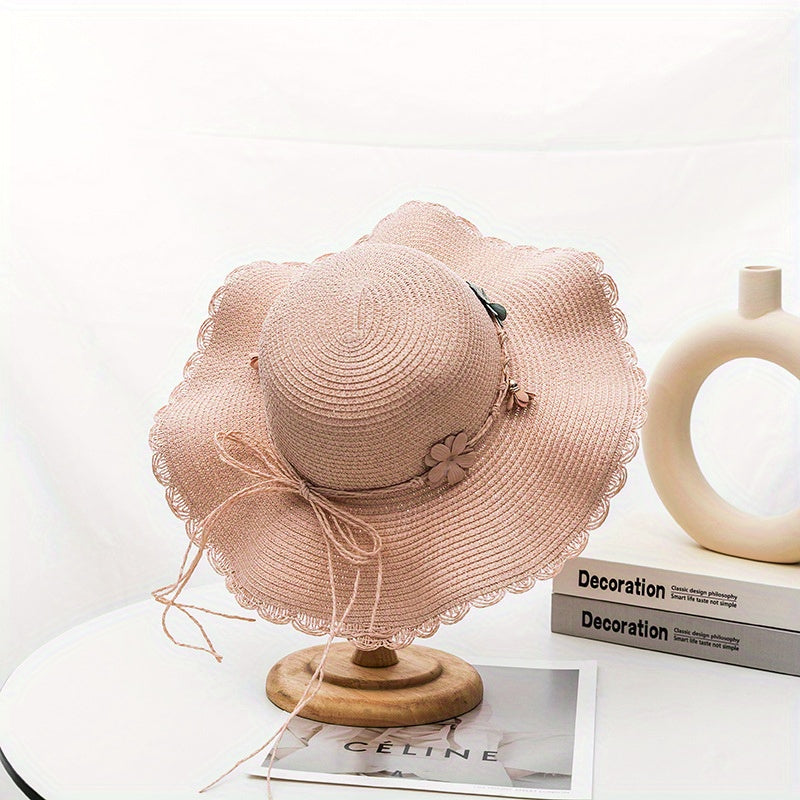 Wide Brim Sun Hat Flower Decor Foldable Travel Beach Hats UV Protection