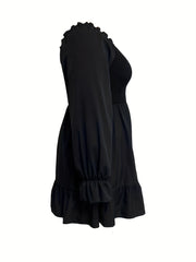  Solid Ruffle Sleeve Square Neck A Line Mini Dress