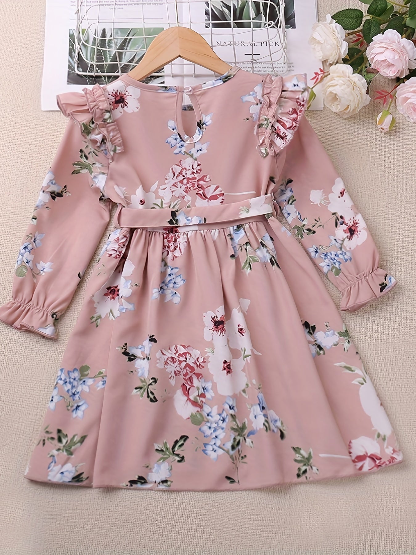 Girls Ruffle Long Sleeve Floral Print Belted Dress