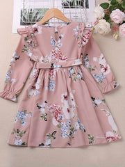 Girls Ruffle Long Sleeve Floral Print Belted Dress