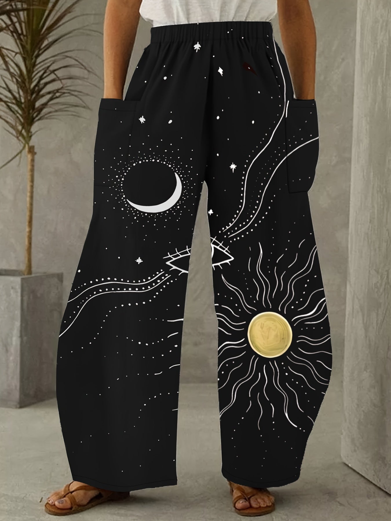 Women's Plus Eye & Moon & Sun Print High Rise Wide Leg Trousers