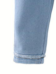 Kid Girls Casual Denim Pants Trousers Elastic Waist Regular Fit Jeans