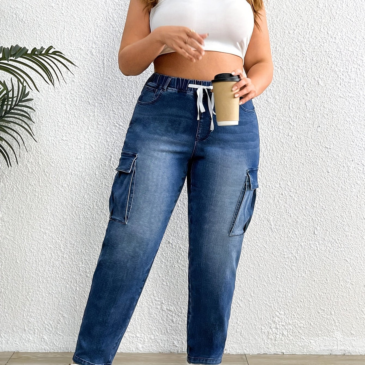 High Stretch Cargo Jeans Elastic Waist Plus Drawstring Retro