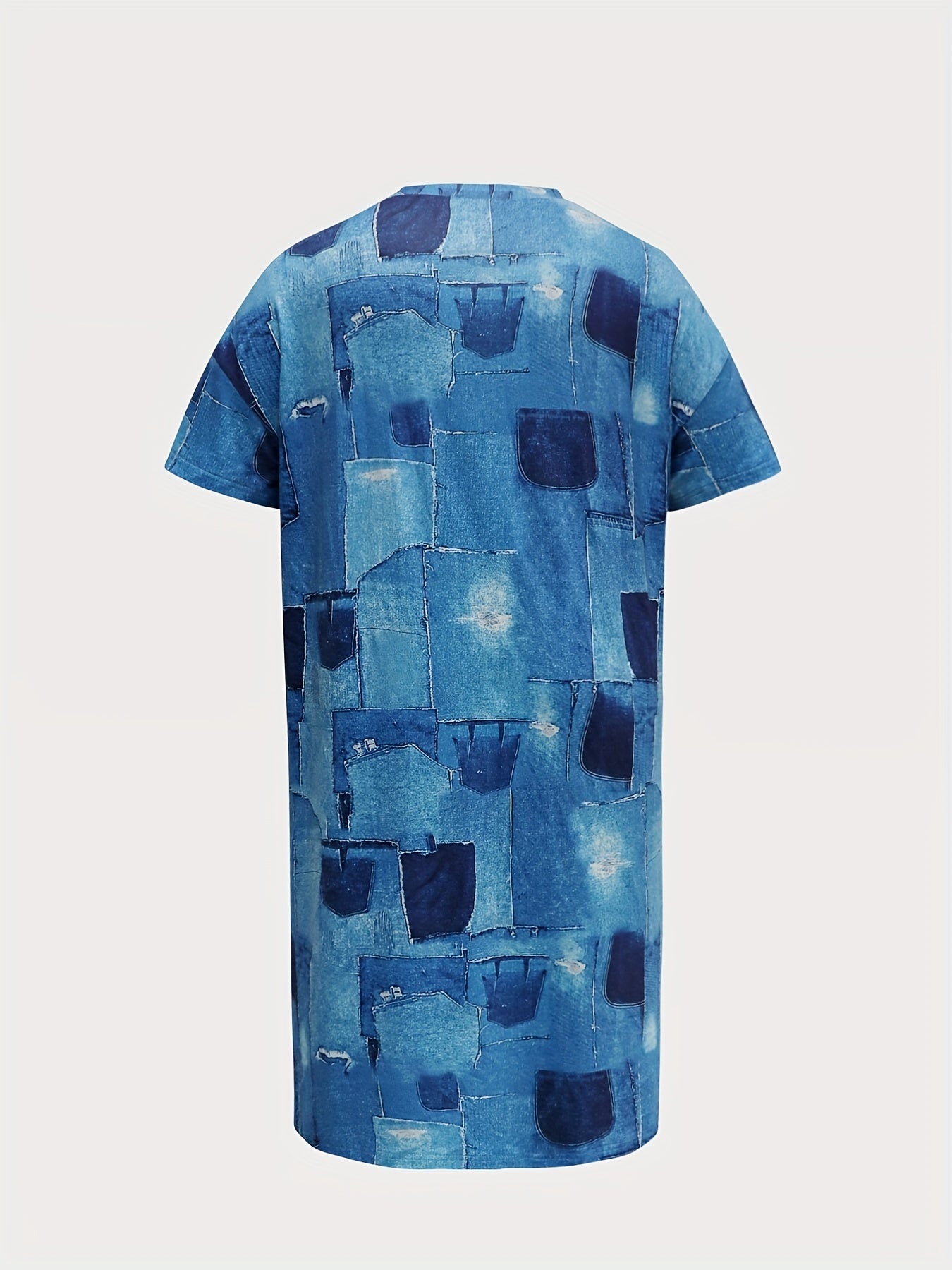 Plus Denim Print V-Neck Short Sleeve Dress with Pockets