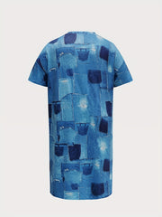 Plus Denim Print V-Neck Short Sleeve Dress with Pockets