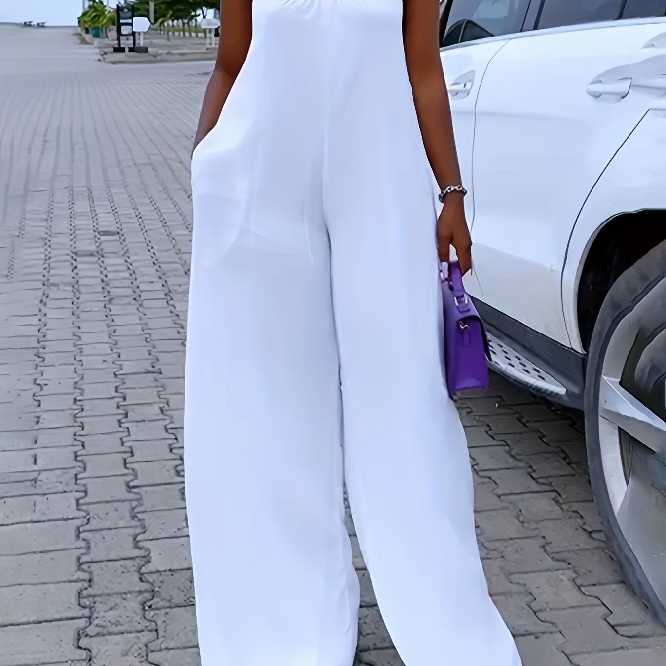  Casual Cami Jumpsuit Solid Round Neck Backless Wide Leg With Pockets