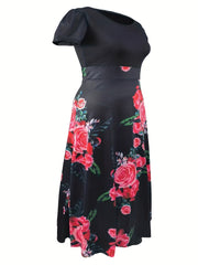  Rose Print Short Sleeve Maxi Dress
