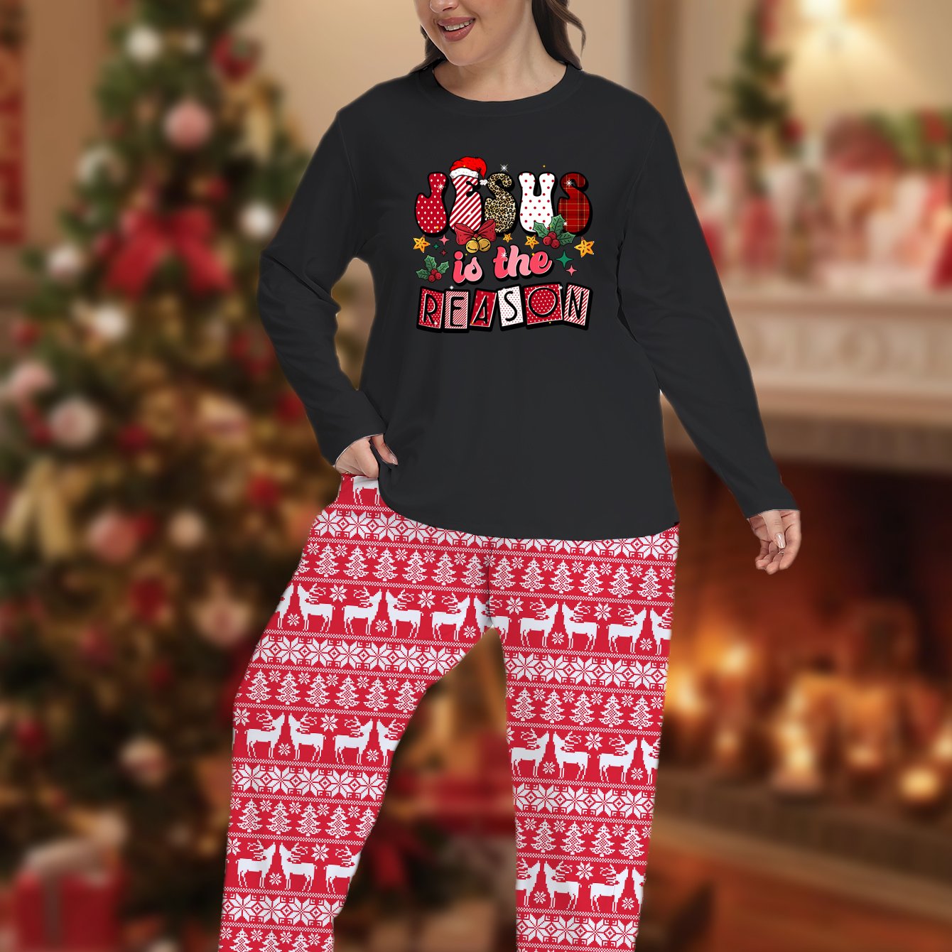 Plus Size Christmas Pajama Set Women's Letter & Elk Print Lounge 2 Piece