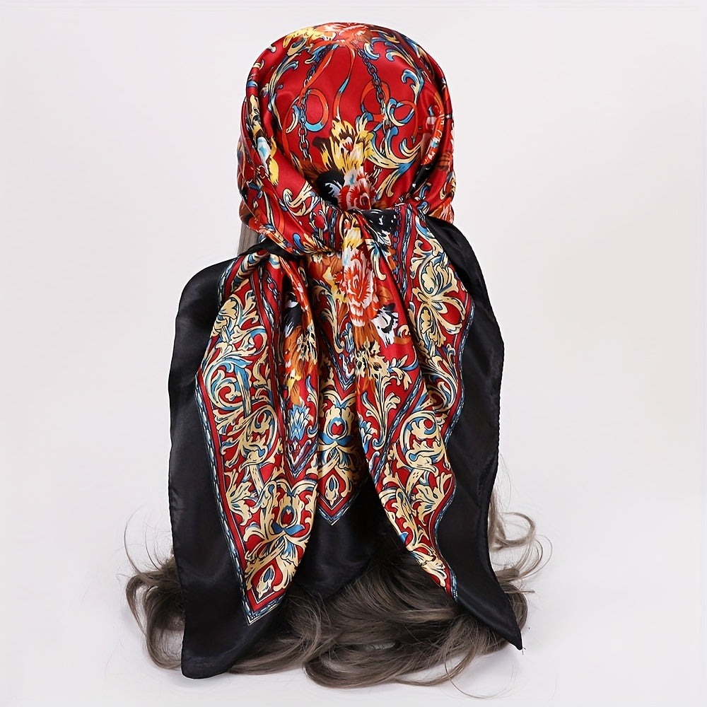 Boho Floral Print Satin Bandana Vintage Square Scarf Silk Shawl