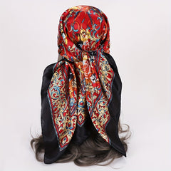 Boho Floral Print Satin Bandana Vintage Square Scarf Silk Shawl
