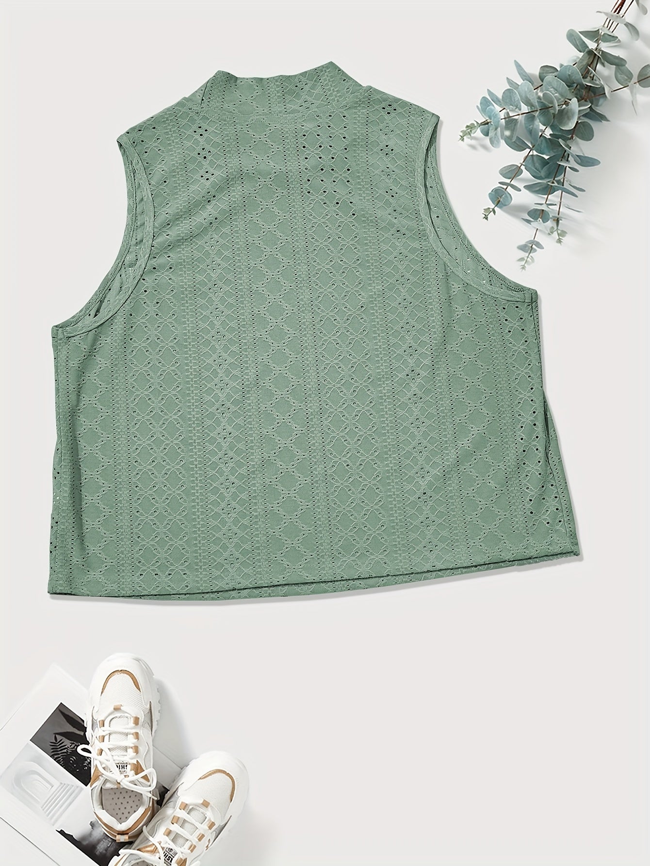  Solid Eyelet Embroidery Mock Neck Tank Top