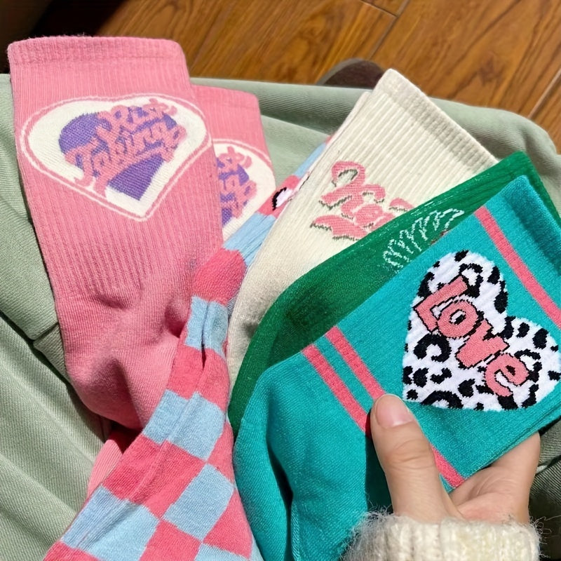 5 Pairs Heart & Letter Print Socks Women's Mid Tube Stockings Hosiery