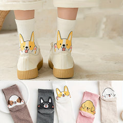 5 Pairs Cartoon Dog Print Socks Women's Mid Tube Stockings Cute & Comfy
