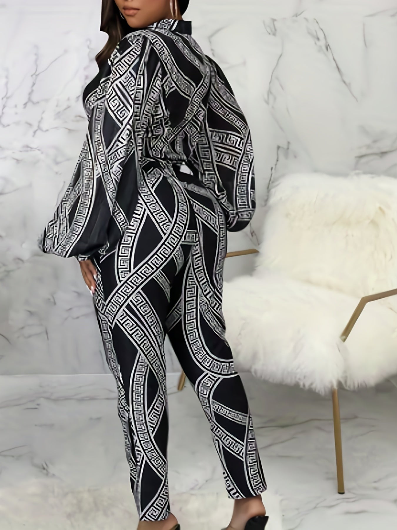  Greek Print Lantern Sleeve Jumpsuit