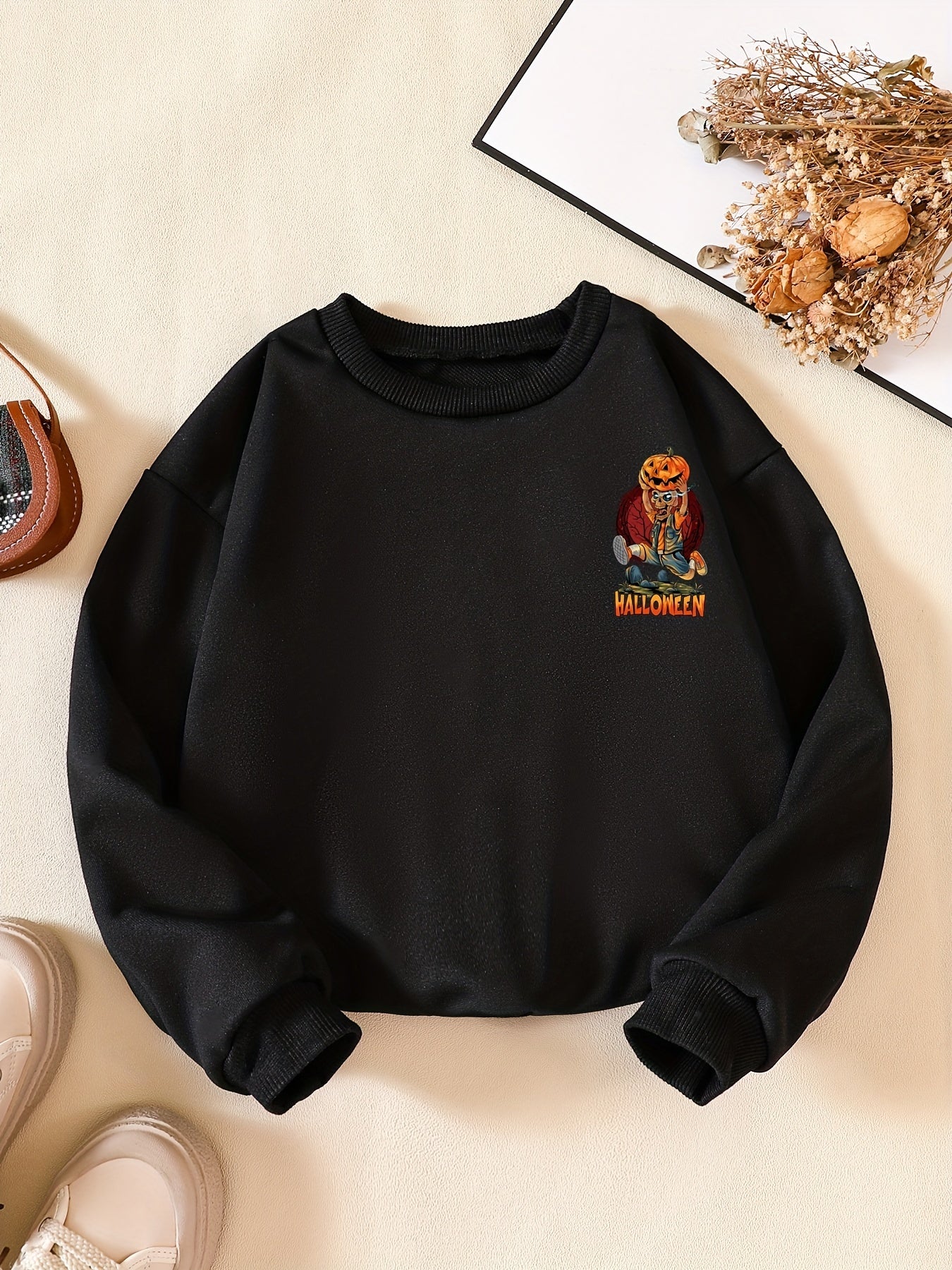 Boys Skeleton Pumpkin Print Sweatshirt Crew Neck Long Sleeve Pullover Top