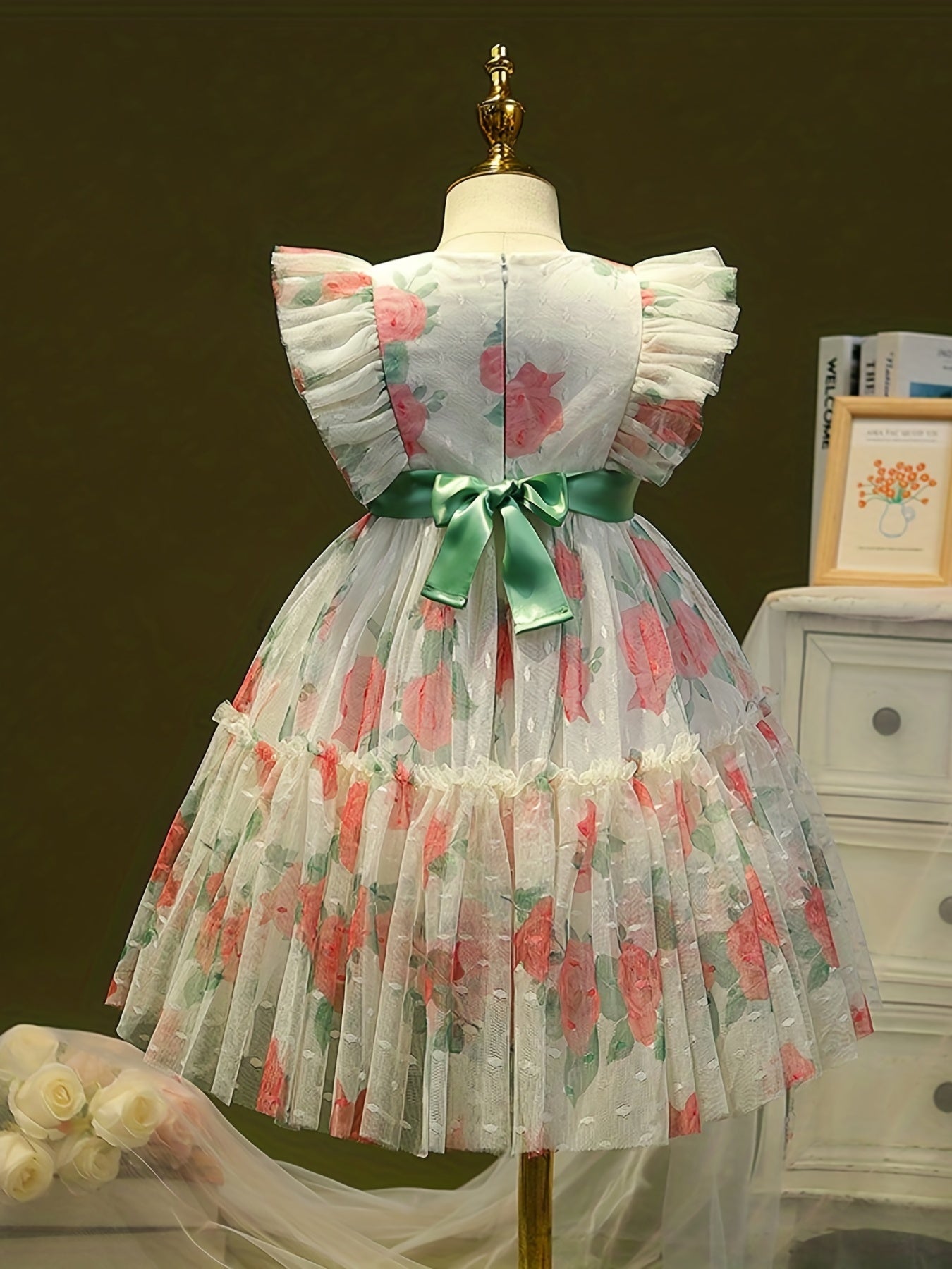 Girls' Romantic Rose Dress Mesh Princess Dress With Flutter Sleeve