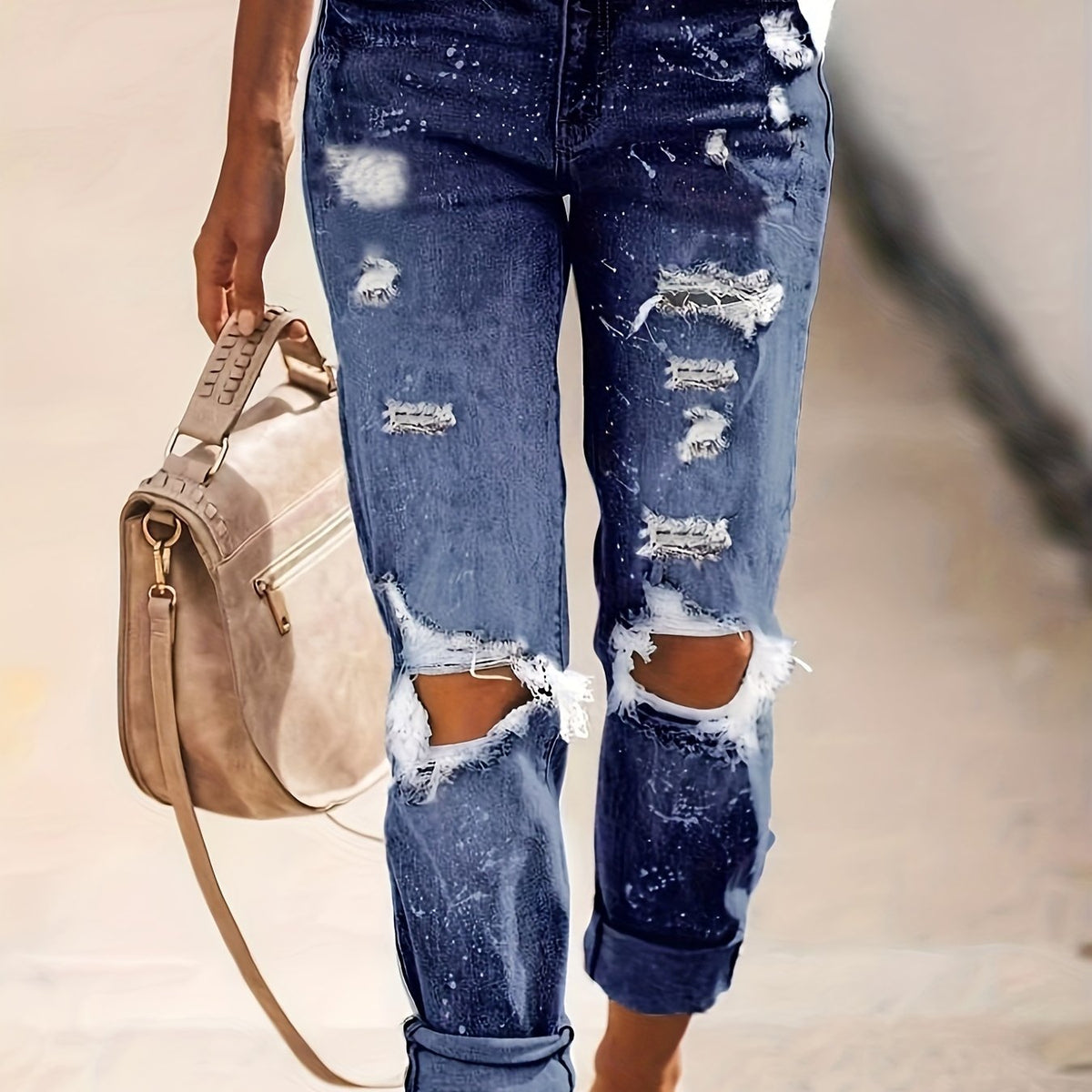 Women's Ripped Straight Jeans Non-Stretch Denim Pants