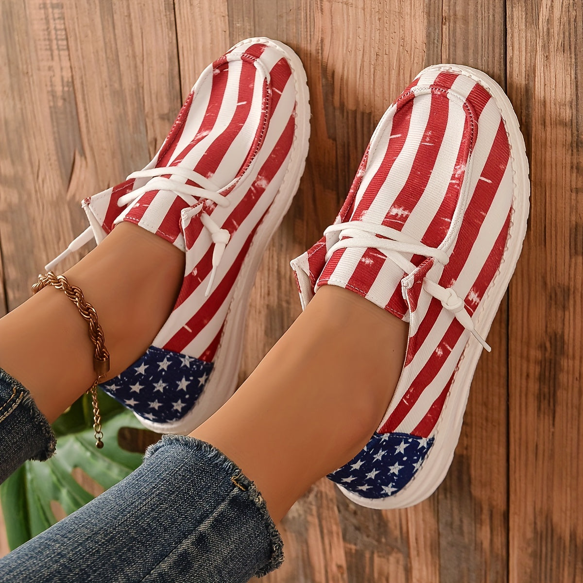 Women's Stars & Striped Pattern Canvas Shoes Casual Lace Up Flat Loafers