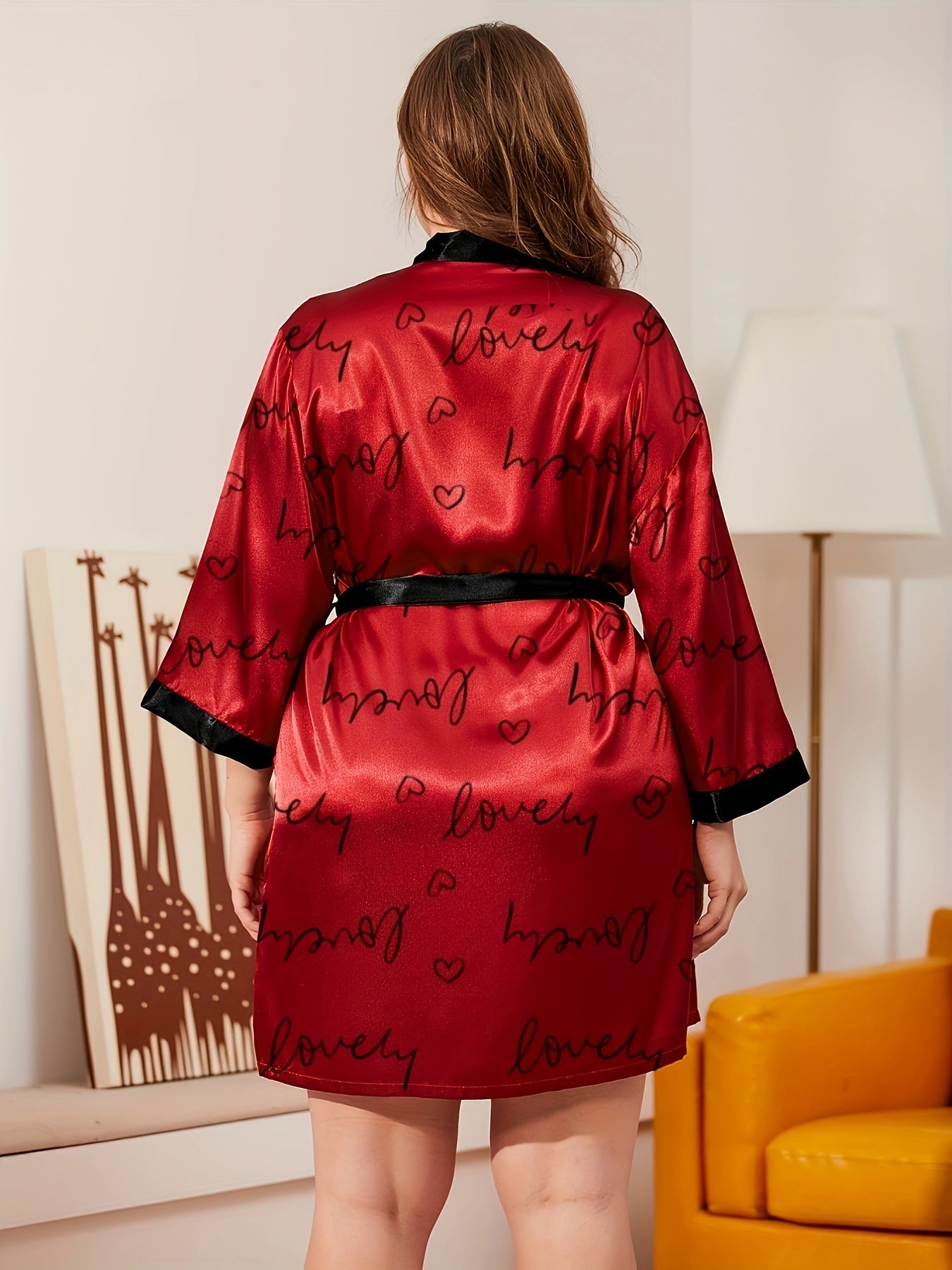  Nightgown Women's Plus Heart & Letter Print Satin Long Sleeve Bathrobe
