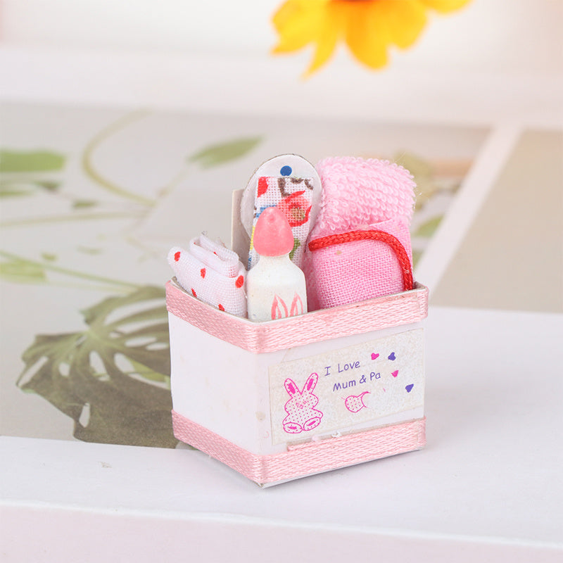1:12 Scale Plastic Dollhouse Accessories Set with Storage Basket Pink and Teapot