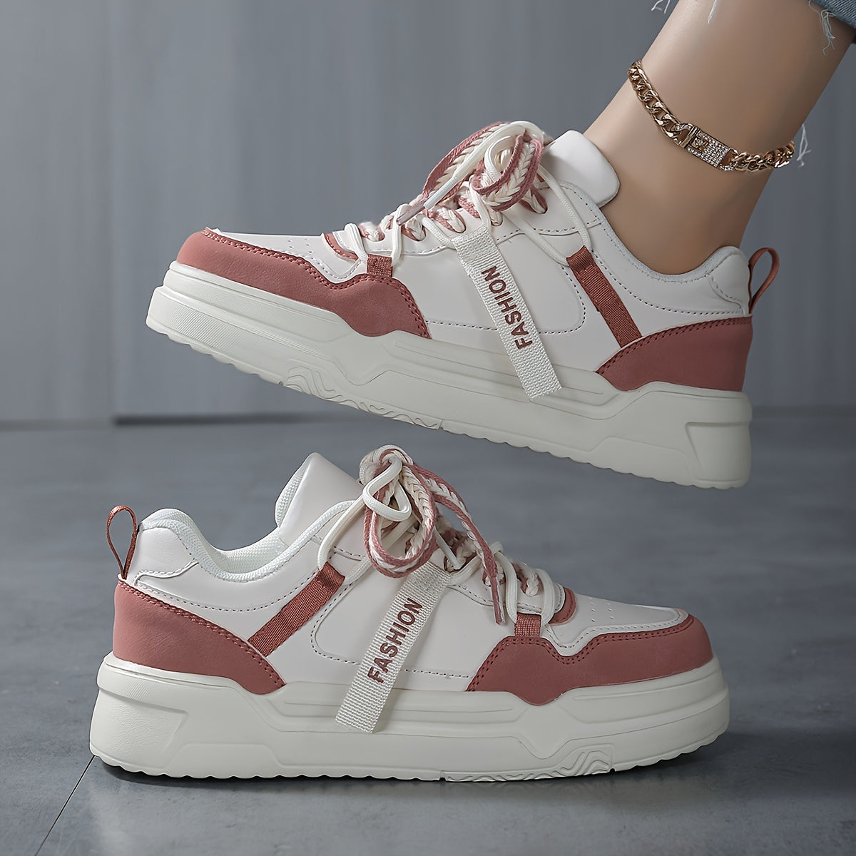 Women's Block Faux Leather Chunky Sneakers for Outdoor Sports