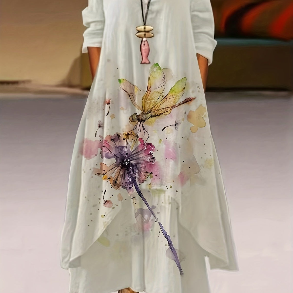  Dragonfly & Dandelion Print Maxi Dress