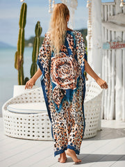 Leopard & Floral Print V Neck Maxi Cover Up Dress