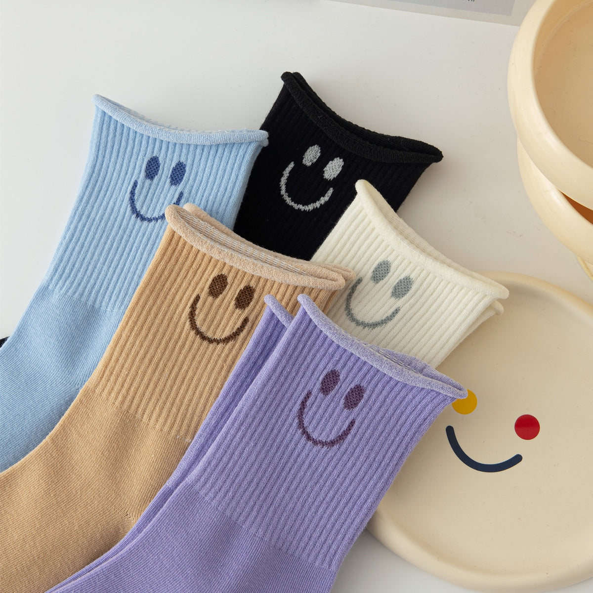 5 Pairs Smiling Face Print Socks Women's Stockings