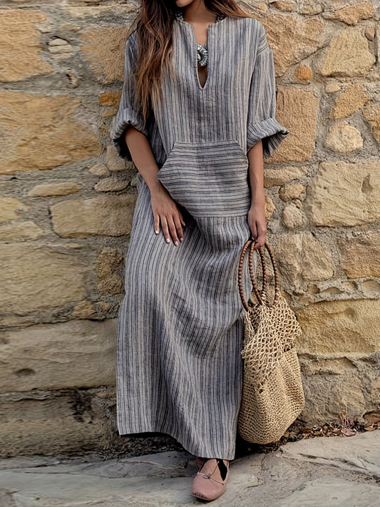  Women's Striped 3/4 Sleeve Loose Kaftan Dress With Pockets