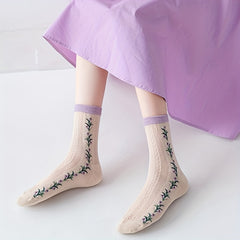 5 Pairs Floral Print Socks Comfy & Breathable Mid Tube Socks Women's Stockings