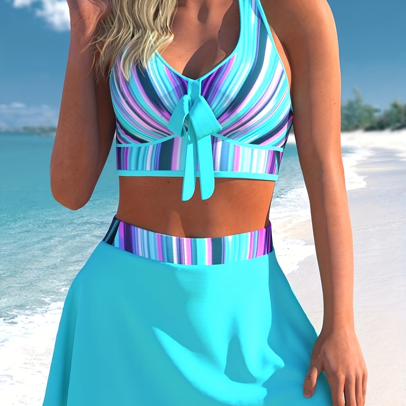 Ombre Print Bikini Set with Tie Front Cross Back Bra & Mini Skirt