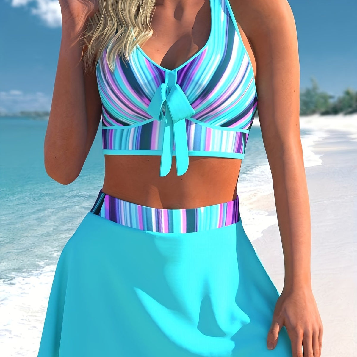  Ombre Print Bikini Set with Tie Front Cross Back Bra & Mini Skirt