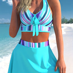  Ombre Print Bikini Set with Tie Front Cross Back Bra & Mini Skirt