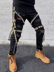 Men's Paneled Denim Jeans Slim Fit Zipper Fly Casual Trousers
