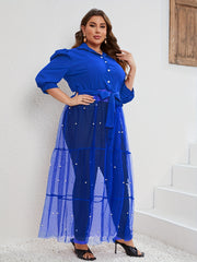  Bubble Sleeve Mesh Dress with Faux Pearl Buttons