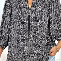  Allover Print Lantern Sleeve Mock Neck Blouse